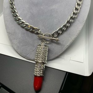 Heavy Silver-Tone Necklace Glitzy Lipstick Pendant